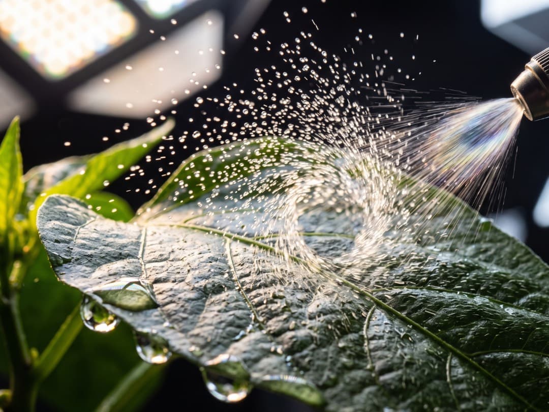 Foliar spray being misted onto hydroponic plant leaves