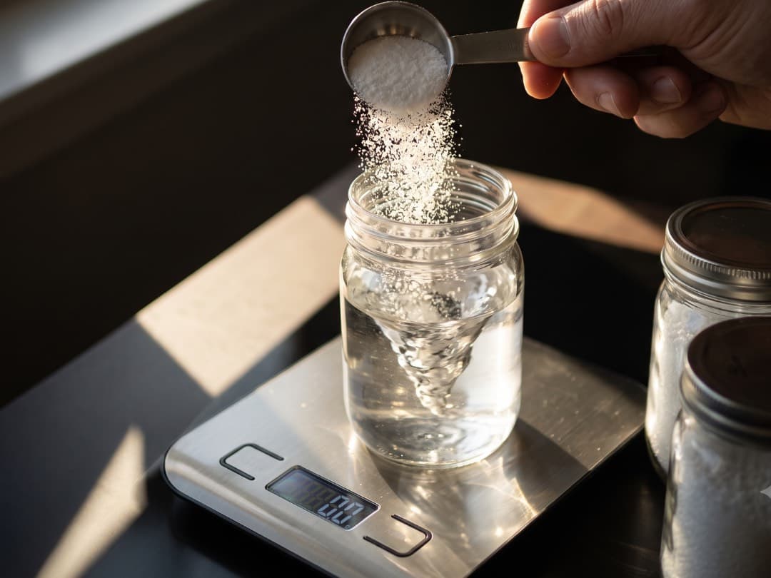 Nutrient salts being weighed and mixed into a hydroponic reservoir