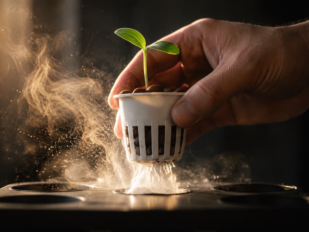 Hydroponic seedlings in net pots under grow lights
